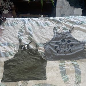 Cropped Olive Green and Grey Halter Necked Tank Tops
